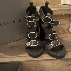 ALL SAINTS Black Leather Platform Heel Sandals